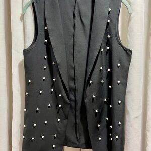 Black Faux Pearl Long Vest Sleeveless Lapel Open Front Size M Chic Minimalist